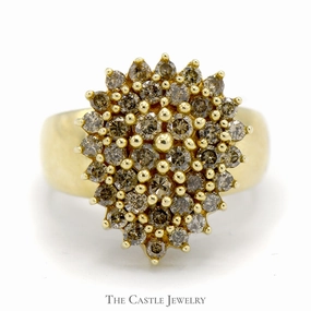 Elegant Product Family Crest Pear Shaped Cocoa Diamond Cluster Ring in 10k Yellow Gold Wide Band