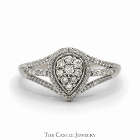 Exquisite Adornment Pear Shaped Diamond Cluster Ring with Diamond Halo and Accented Split Shank Sides in 10k White Gold
