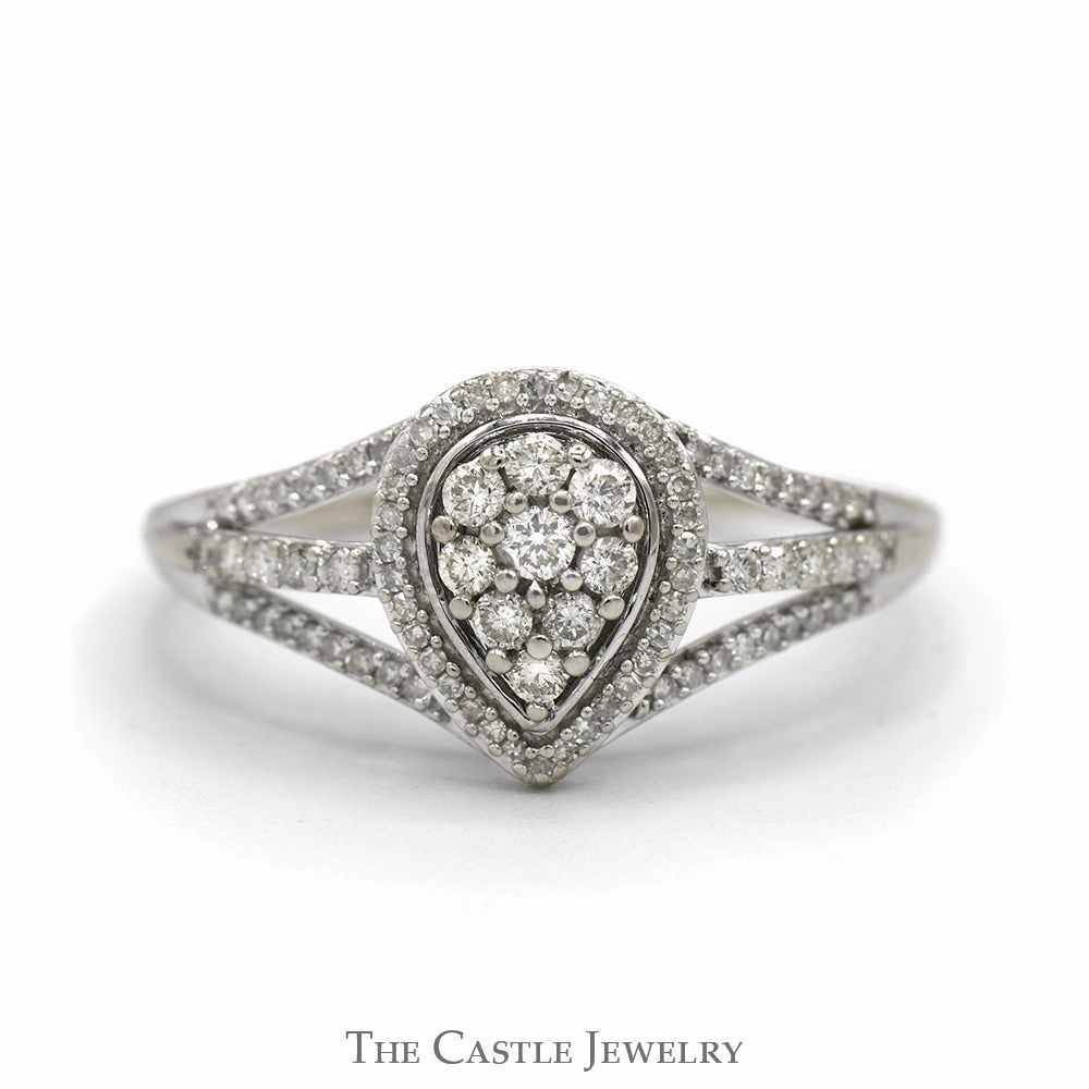 Exquisite Adornment Pear Shaped Diamond Cluster Ring with Diamond Halo and Accented Split Shank Sides in 10k White Gold