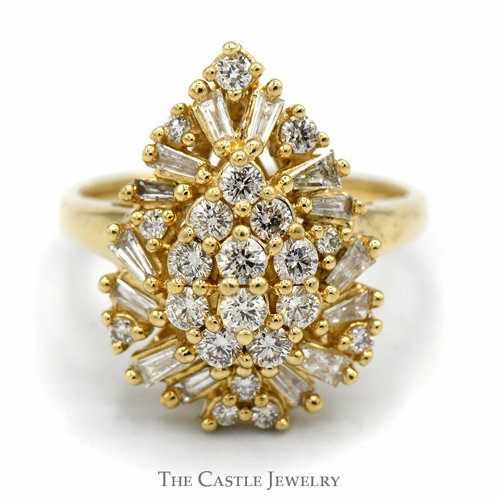 Pear Shaped Round and Baguette Cut Diamond Cluster Cocktail Ring in 10k Yellow Gold Graceful Finish