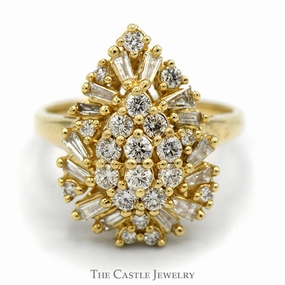 Pear Shaped Round and Baguette Cut Diamond Cluster Cocktail Ring in 10k Yellow Gold Graceful Finish