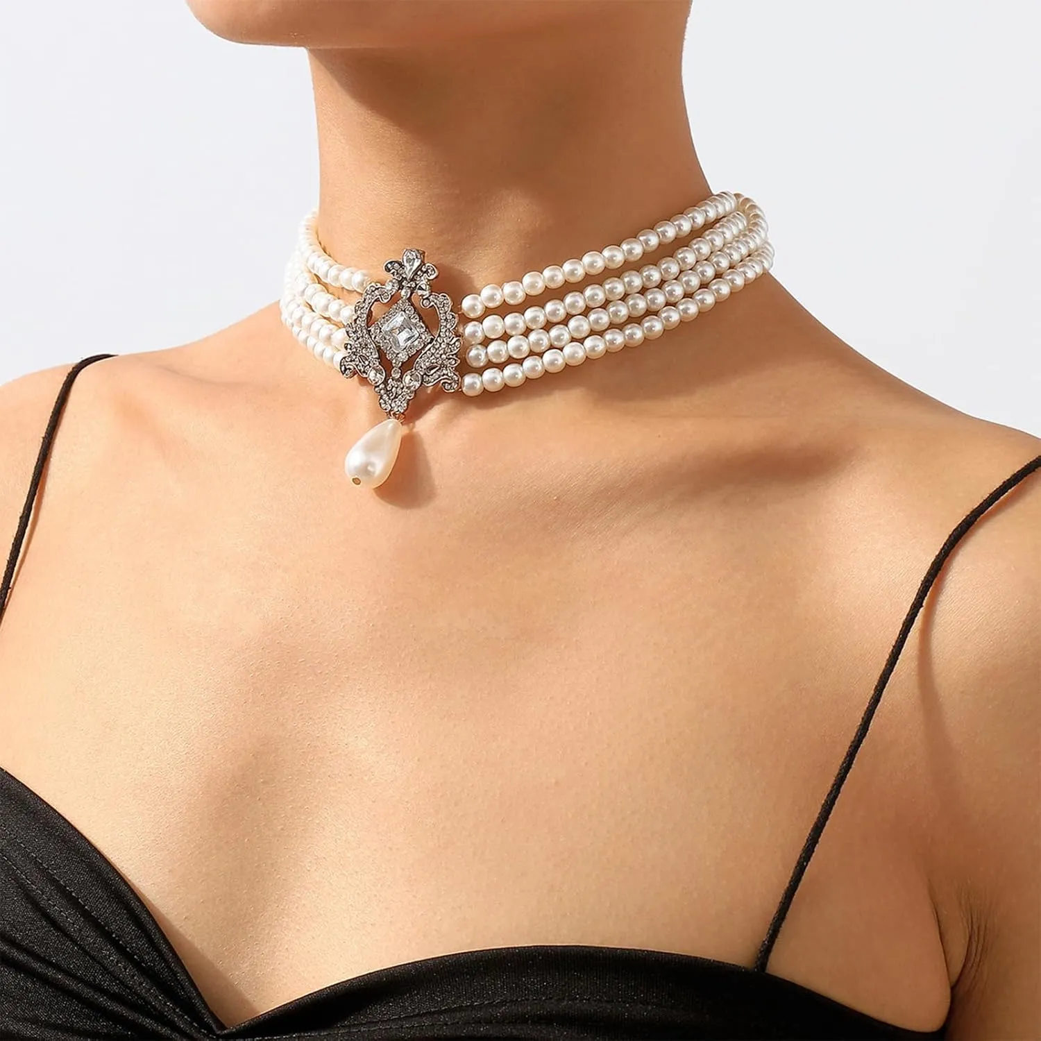 Pearl Choker Necklaces for Women Pearl Costume Jewelry Layered Pearl Choker Halloween Cosplay Jewelry