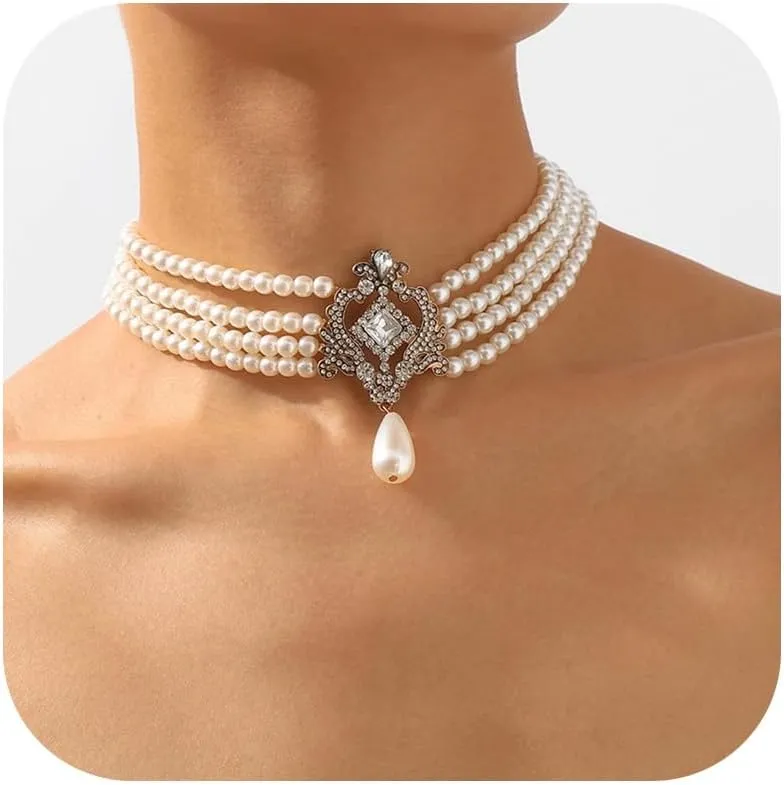 Pearl Choker Necklaces for Women Pearl Costume Jewelry Layered Pearl Choker Halloween Cosplay Jewelry