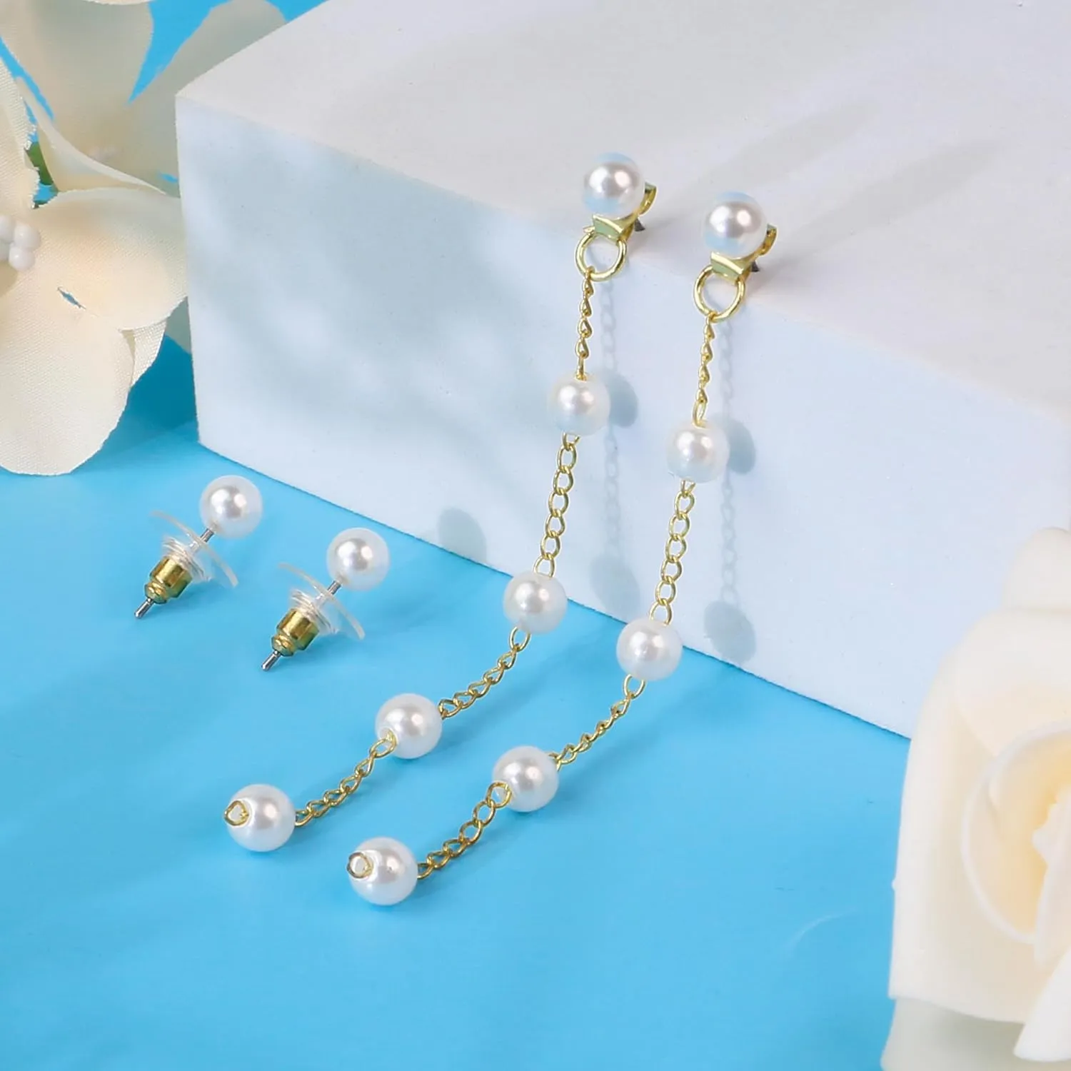 Pearl Earrings for Women, 14k Gold Pearl Drop Earrings Boho Summer Earrings as Mothers Day Gifts, 5mm White Pearl Dangle Wedding Bride Earrings as Statement Prom Graduation Birthday Jewelry