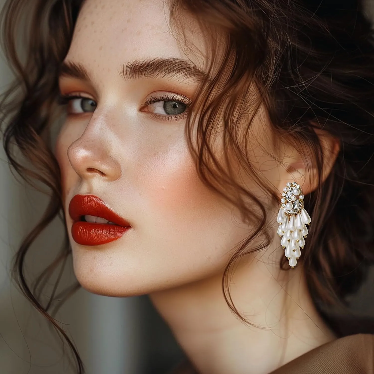 Pearl Earrings for Women,14k Gold Pearl Drop Dangle Earrings,Baroque Pearl Drop Earrings For Women，Wedding Bridal Crystal Simulated Pearl Multi Beaded Cluster Chandelier Dangle Earrings