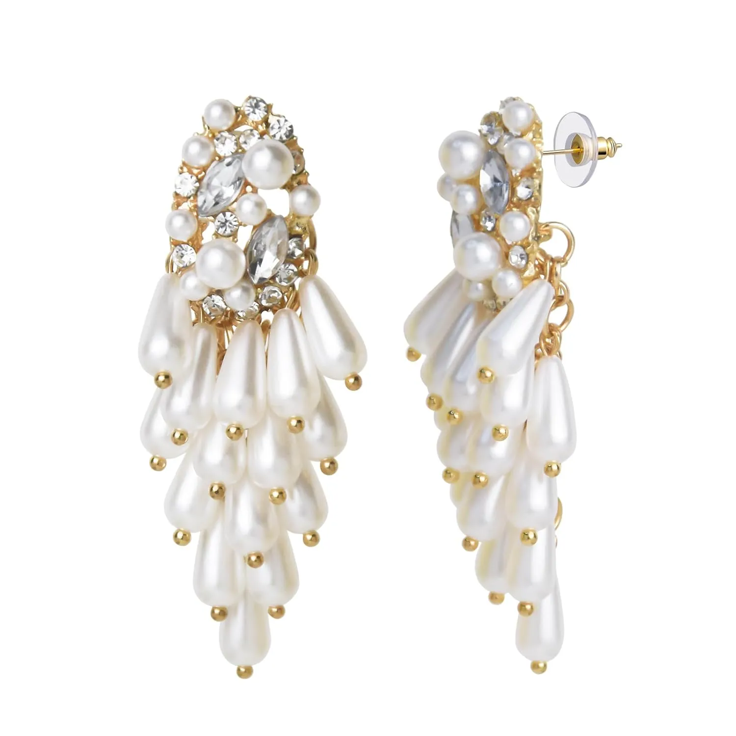 Pearl Earrings for Women,14k Gold Pearl Drop Dangle Earrings,Baroque Pearl Drop Earrings For Women，Wedding Bridal Crystal Simulated Pearl Multi Beaded Cluster Chandelier Dangle Earrings