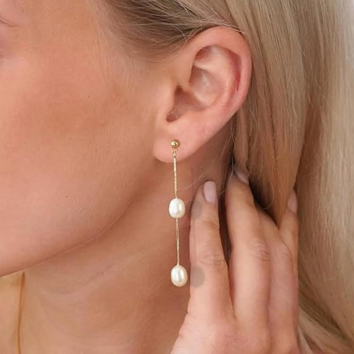 Pearl Earrings for Women,14k Gold Plated Pearl Drop Earrings Freshwater Pearl Dangle Earrings Long Drop Earrings for Women Wedding Earrings for Brides Jewelry Gift