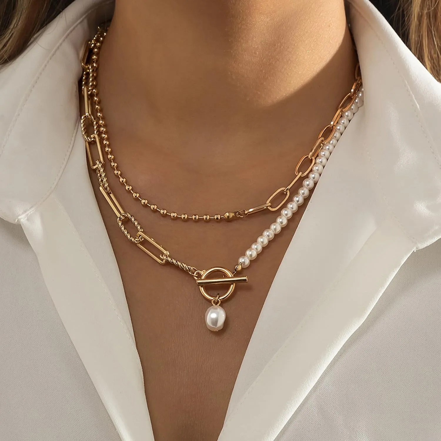 Pearl Necklaces for Women Chunky Layered Baroque Pearl Necklaces Stack Trendy Chain Necklaces for Women 2024 Renaissance Accessories