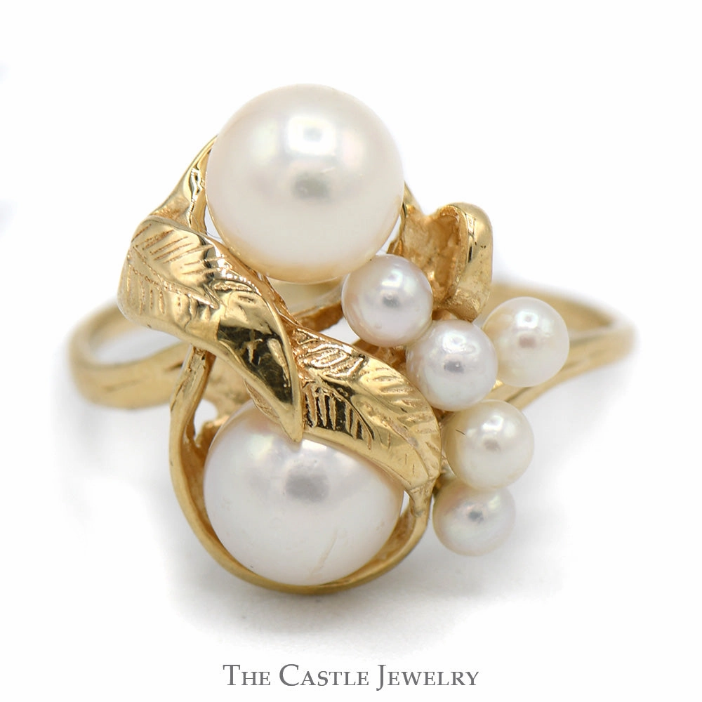 Bold Insignia Elegant Proportion Pearl Cluster Ring with Open Leaf Design in 14k Yellow Gold