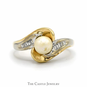Fine Object Pearl Ring with Baguette Cut Diamond Accents in 10k Yellow Gold Swirled Bypass Setting