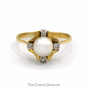 Pearl Ring with Diamond Accents and Textured Bezel in 18k Yellow Gold Exquisite Object Gentle Outline