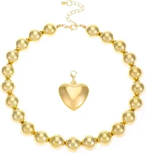 Pearls Choker Large Round Bead Love Necklace Detachable Heart Shaped Necklace Diamond Heart Pendant (Gold, One Size), ov3p3gGhd