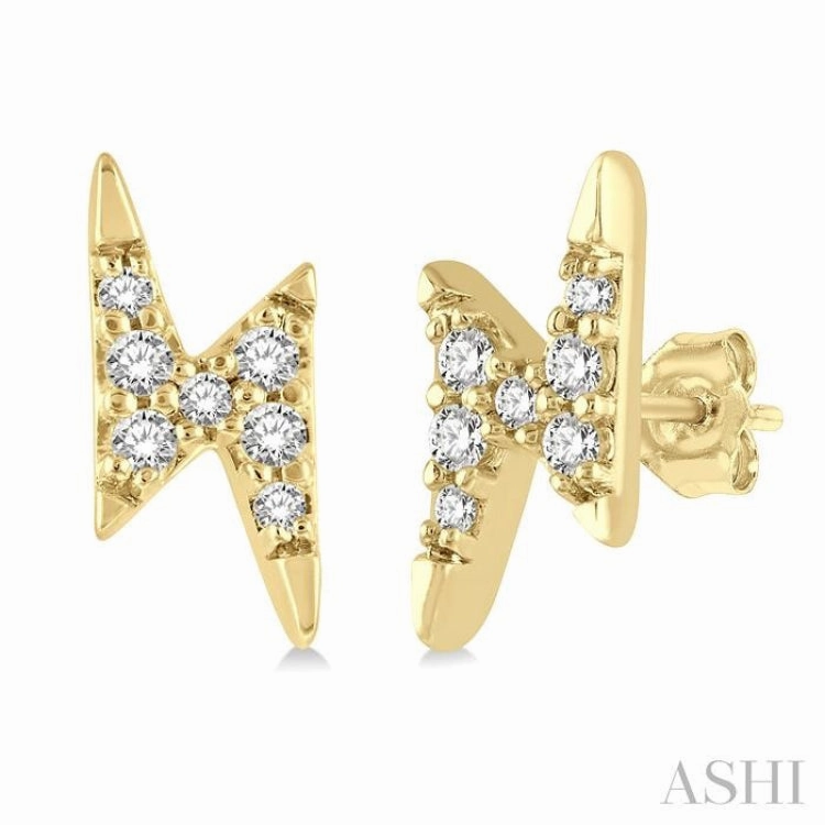 Office Style High Polish 1/10 Ctw Lightning Bolt Round Cut Diamond Petite Earring in 14K Yellow Gold