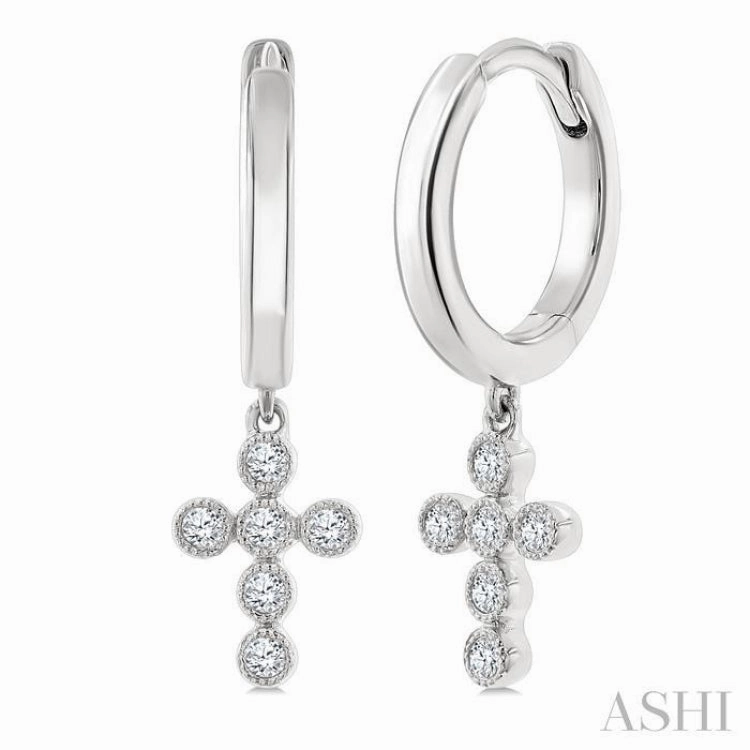 Statement Highlight 1/10 Ctw Single Cut Diamond Cross Petite Huggie Earrings in 10K White Gold