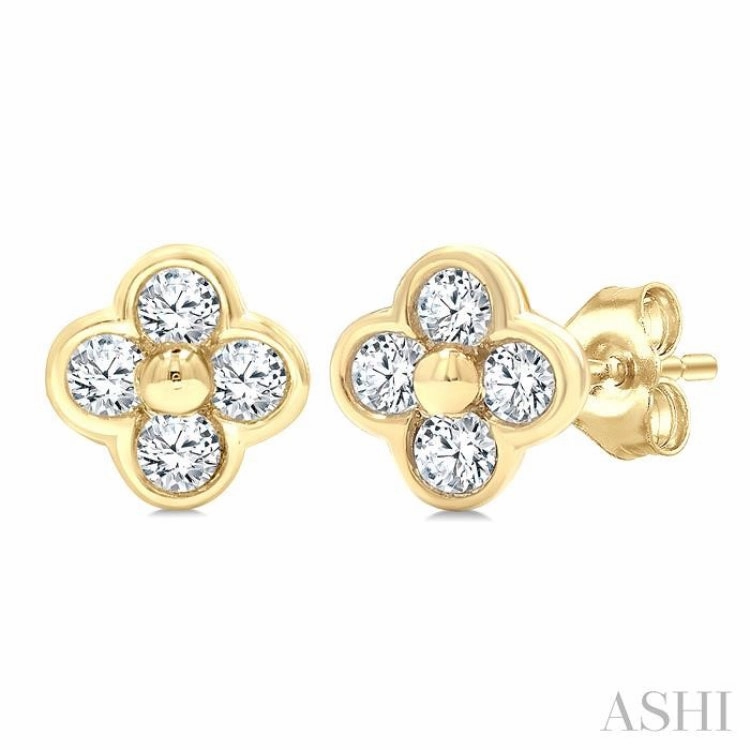 Chic Look 1/6 Ctw Bezel Set Round Cut Diamond Clover Petite Fashion Earrings in 10K Yellow Gold