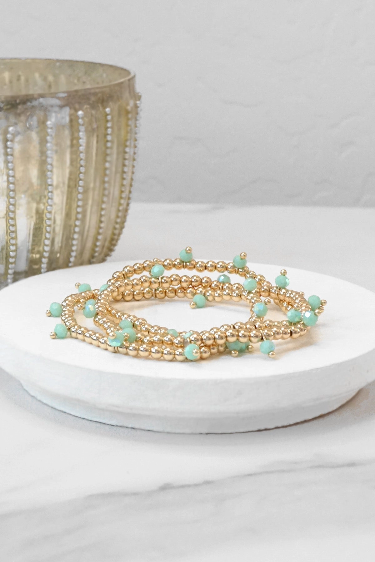 Practical Elegance Small Gold tone and Glass beads bracelet stack of 3 bracelets