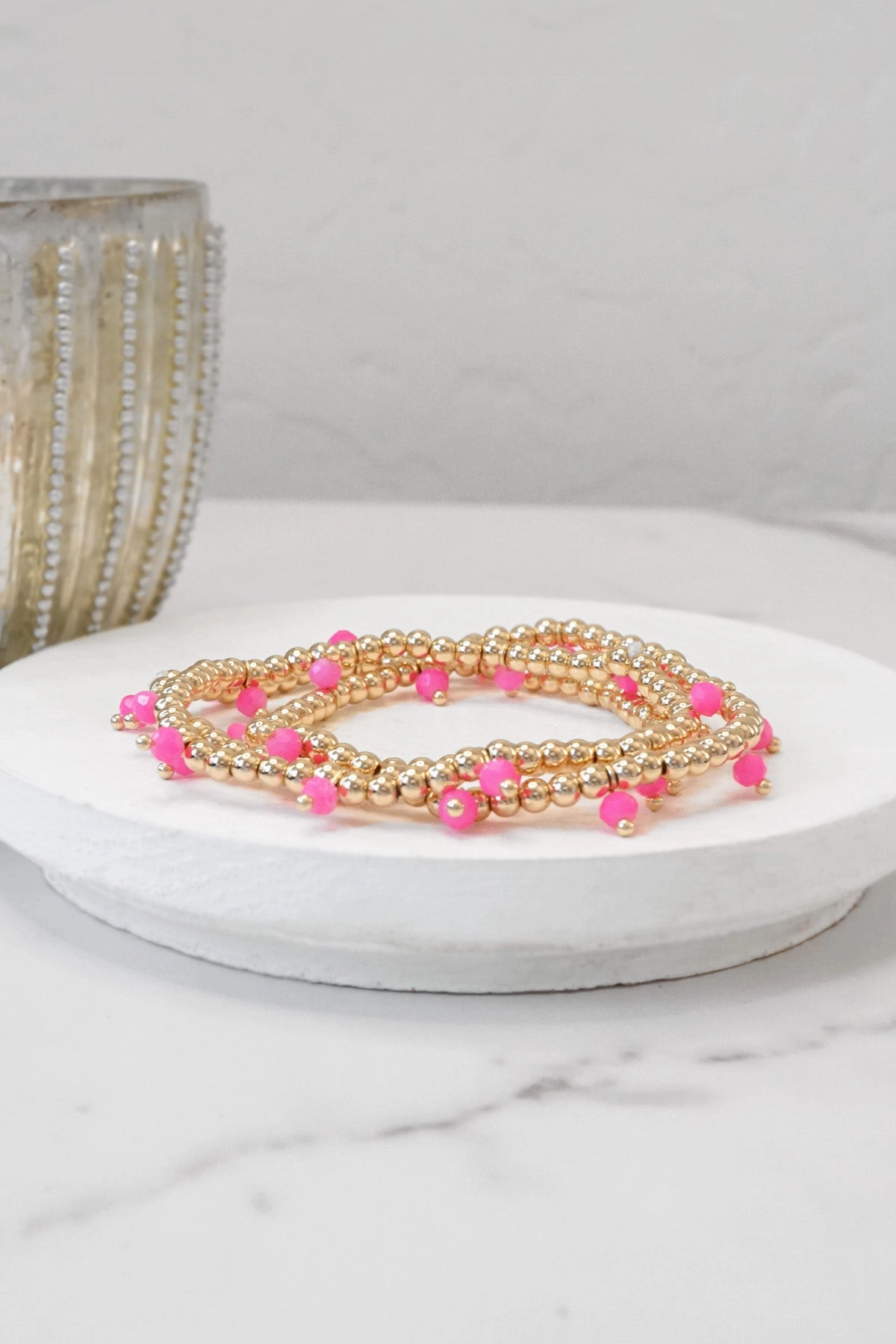 One-of-a-kind City Style Small Gold tone and Glass beads bracelet stack of 3 bracelets