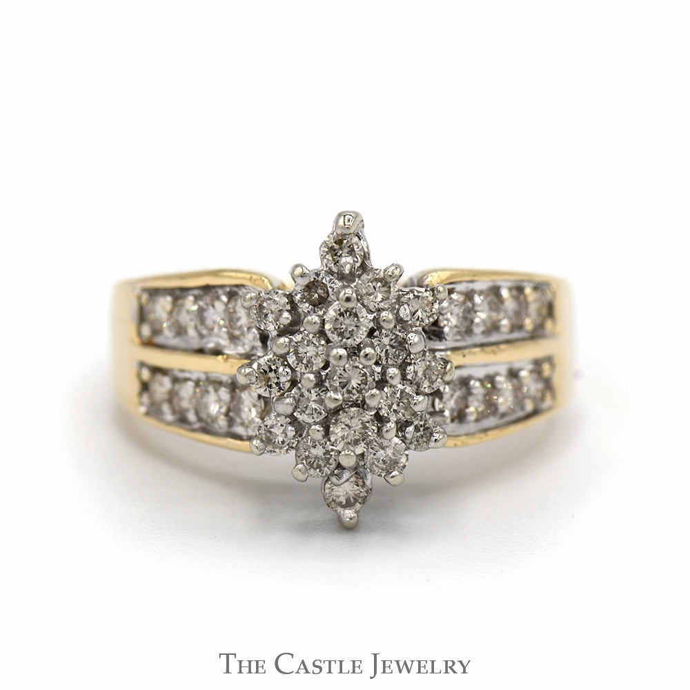 Marquise Shaped 3/4cttw Diamond Cluster Ring with Diamond Accented Sides in 10k Yellow Gold Experimental Design Premium Gift