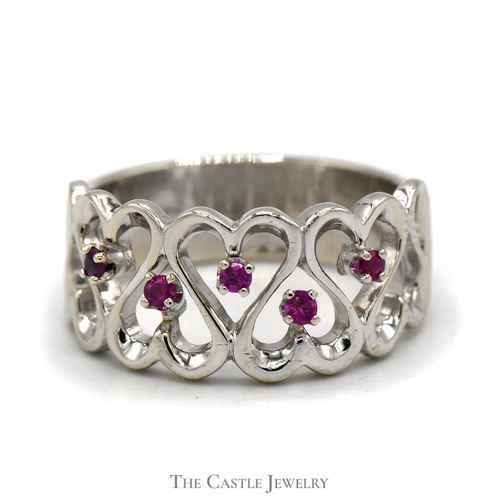 Fashion Touch Open Heart Designed Ruby Band in 14k White Gold