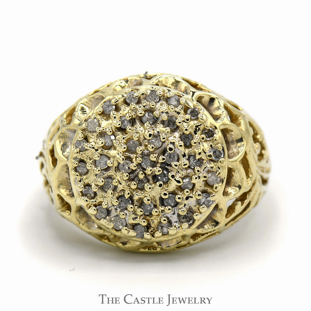 3/4cttw Diamond Kentucky Cluster Ring in 10k Yellow Gold with Open Filigree Sides Gift Ready Bold Insignia