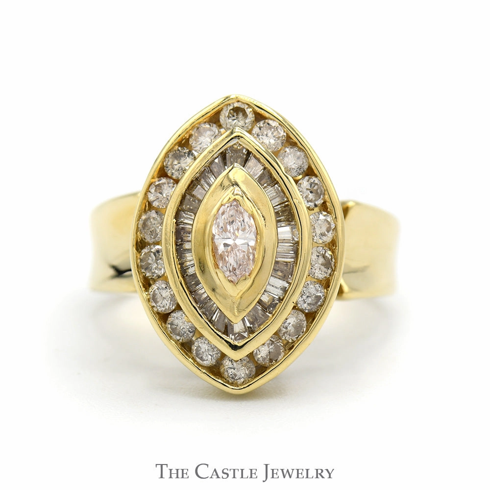 Marquise Shaped Round & Baguette Diamond Cluster with Marquise Cut Diamond Solitaire in 14k Yellow Gold Accessory Product