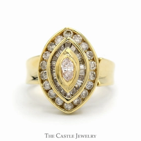 Marquise Shaped Round & Baguette Diamond Cluster with Marquise Cut Diamond Solitaire in 14k Yellow Gold Accessory Product