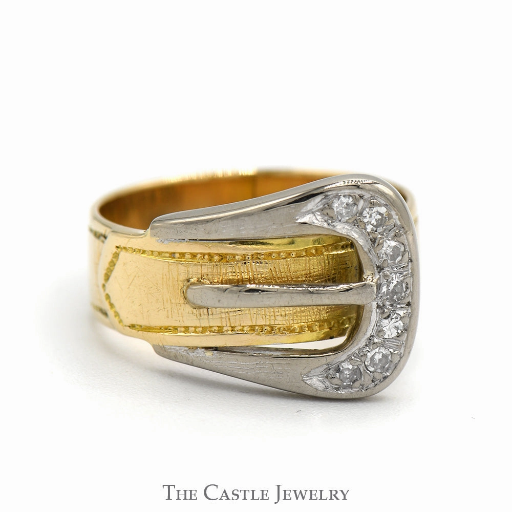 Simple Form Traditional Work Two Toned Buckle Designed Ring with Diamond Accents in 14k Yellow & White Gold