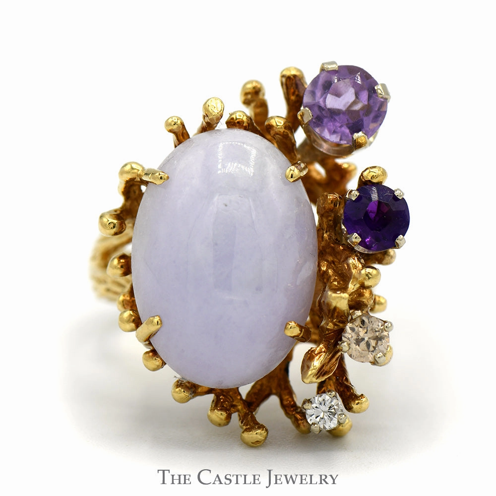 Glamorous Work Soft Glow Oval Lavender Jade Ring with Amethyst & Diamond Accents in 18k Yellow Gold