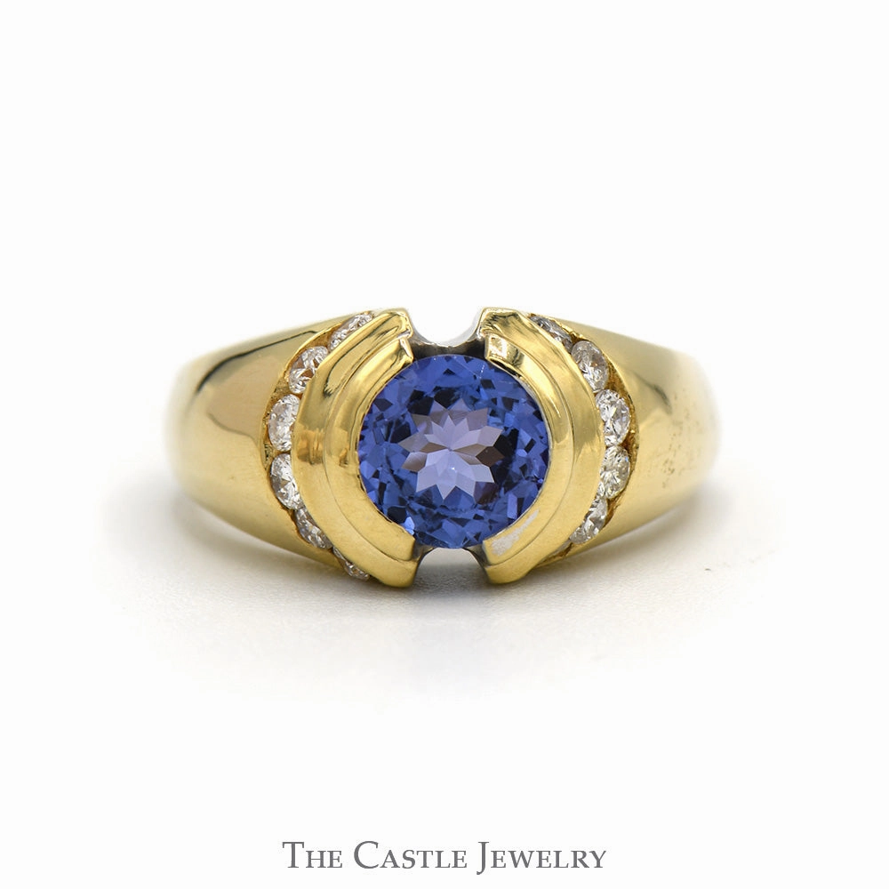 Balanced Structure Round Bezel Set Tanzanite Ring with Channel Set Diamond Sides in 14k Yellow Gold