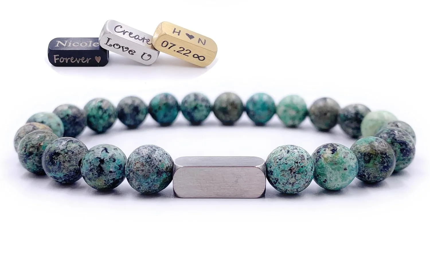 Personalized Beaded Bracelets, 8mm Gemstone Bracelet, Laser Engraved Bracelet, Customized Beaded Bracelet, Personalized Jewelry Gifts (African Turquoise)