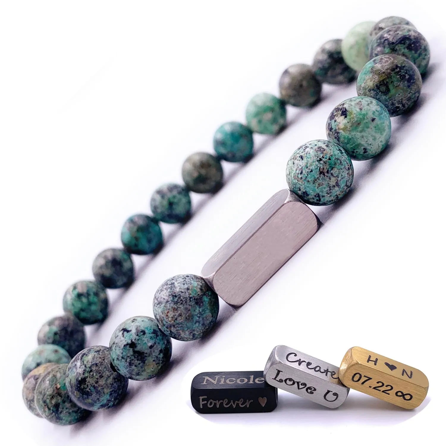Personalized Beaded Bracelets, 8mm Gemstone Bracelet, Laser Engraved Bracelet, Customized Beaded Bracelet, Personalized Jewelry Gifts (African Turquoise)