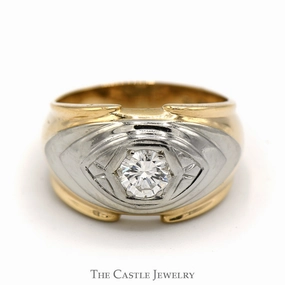 Strong Expression Men's Round Diamond Solitaire Band with Grooved Design in 14k Two Tone Gold