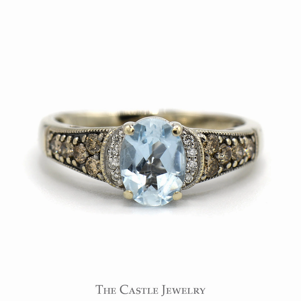 Le Vian Designer Oval Cut Aquamarine Ring with Chocolate & White Diamond Accents in 14k White Gold Secure Item Modern Craft