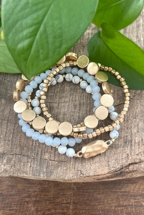 Forever Chic Worry-Free Wear 5 piece Boho Beaded Bracelets Stack Semi Precious Metal Glass Beads Golden nugget flat beads