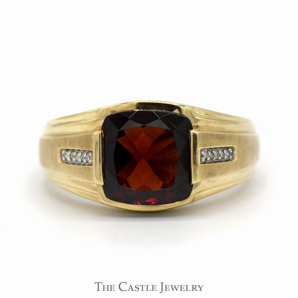Brilliant Decoration Cushion Cut Garnet Ring with Illusion Set Diamond Accents in 10k Yellow Gold