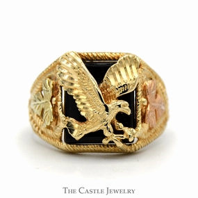 Black Onyx Eagle Ring with Leaf Designed Sides in Two Tone 10k Yellow & Rose Gold Bold Decoration
