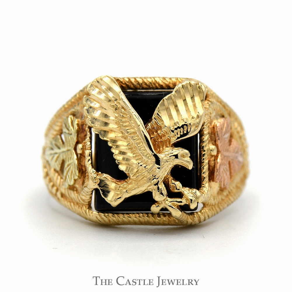Black Onyx Eagle Ring with Leaf Designed Sides in Two Tone 10k Yellow & Rose Gold Bold Decoration