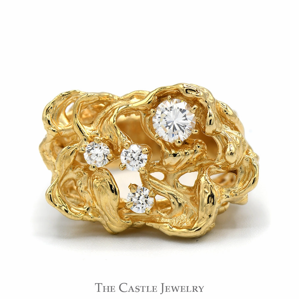 Cubic Zirconia Cluster Ring in 14k Yellow Gold Freeform Style Open Nugget Mounting Meaningful Ornament