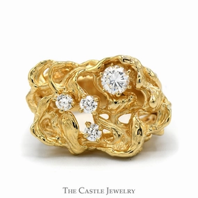 Cubic Zirconia Cluster Ring in 14k Yellow Gold Freeform Style Open Nugget Mounting Meaningful Ornament