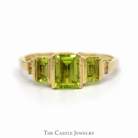 Three Stone Emerald Cut Peridot Ring with Diamond Accents in 10k Yellow Gold Cultural Gift