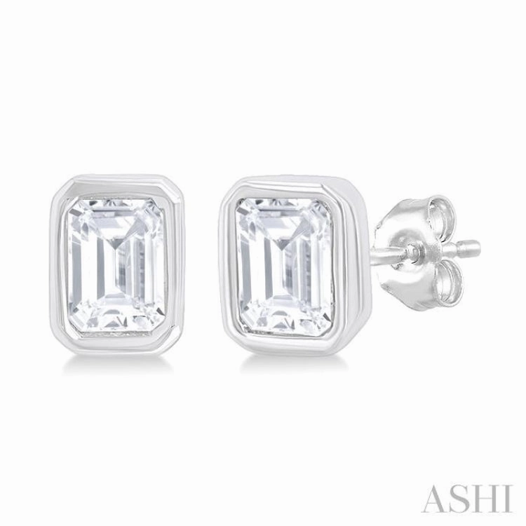 1/5 Ctw Petite Bezel Set Emerald Cut Diamond Fashion Stud Earring in 10K White Gold Artful Feature