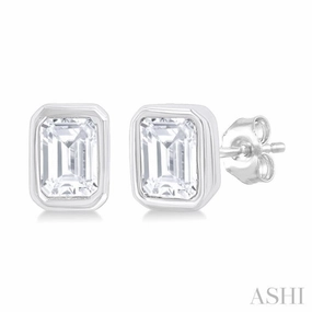 1/5 Ctw Petite Bezel Set Emerald Cut Diamond Fashion Stud Earring in 10K White Gold Artful Feature