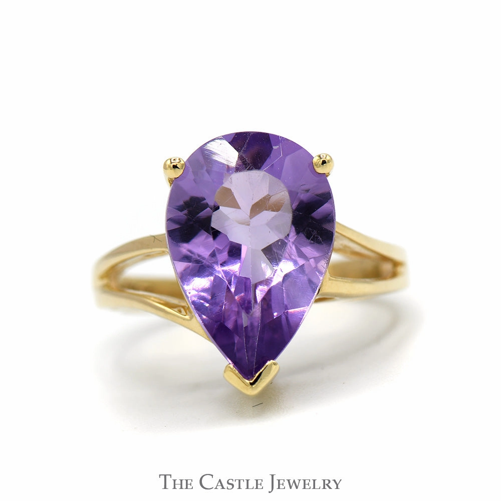 Pear Cut Amethyst Ring with Split Shank Sides in 10k Yellow Gold Local Custom