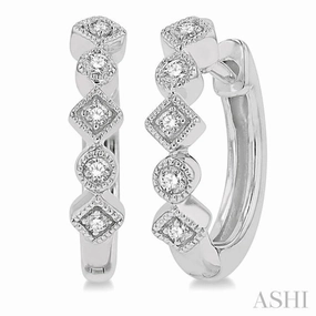 1/10 ctw Circular & Rhombus Mount Round Cut Diamond Huggie Petite Earrings in 10K White Gold Holiday Style Sophisticated Vibe