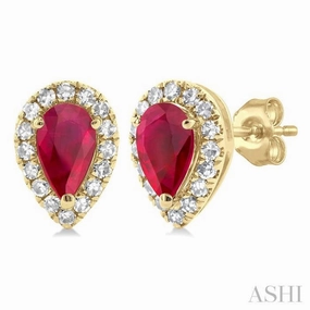 5x3 MM Pear Shape Ruby and 1/8 Ctw Single Cut Diamond Halo Precious Stud Earrings in 10K Yellow Gold Fresh Light Balanced Highlight