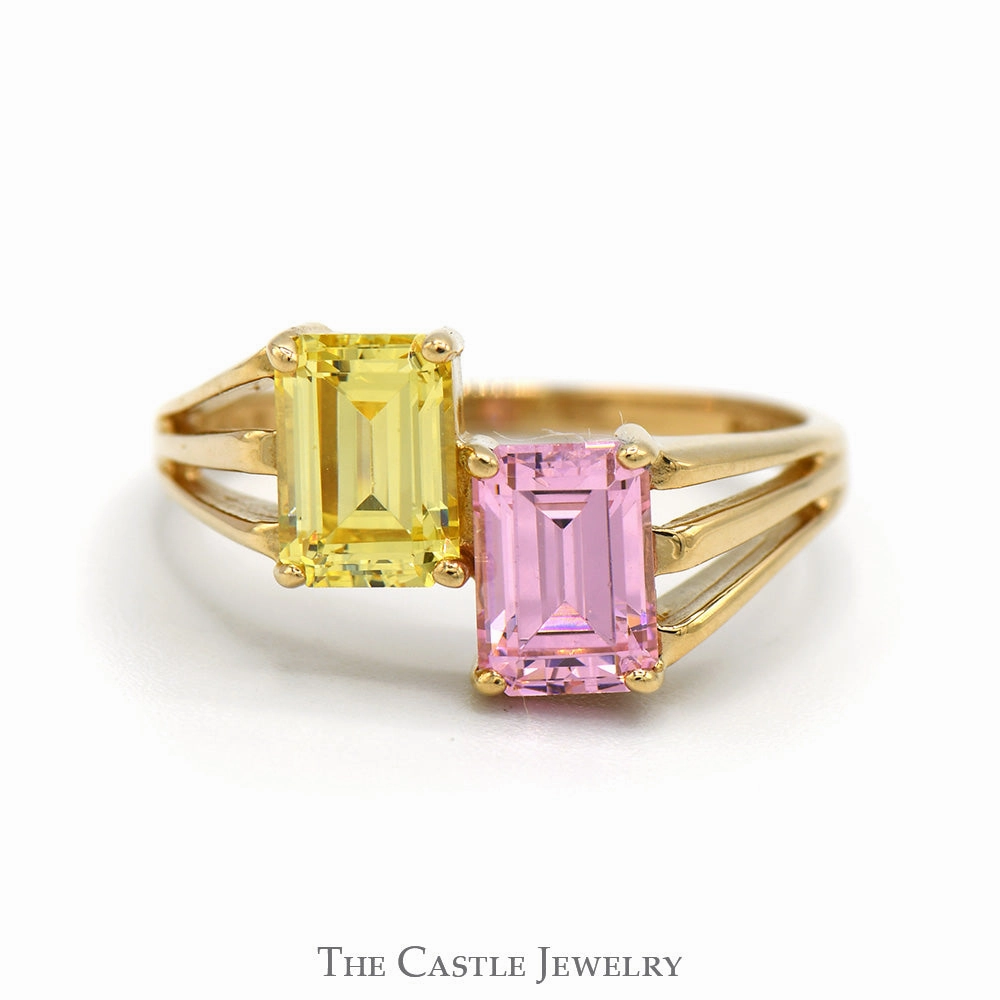 Hypoallergenic Craft Minimalist Symbol Emerald Cut Pink Ice and Lemon Ice Bypass Ring with Split Shank Sides in 14k Yellow Gold
