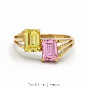 Hypoallergenic Craft Minimalist Symbol Emerald Cut Pink Ice and Lemon Ice Bypass Ring with Split Shank Sides in 14k Yellow Gold
