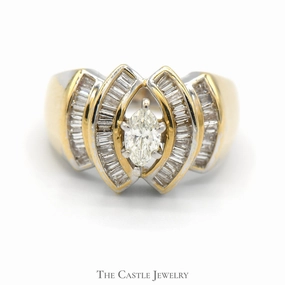 Sleek Look Contemporary Touch Marquise Shaped Diamond Solitaire with Baguette Cut Accents in 14k Yellow Gold