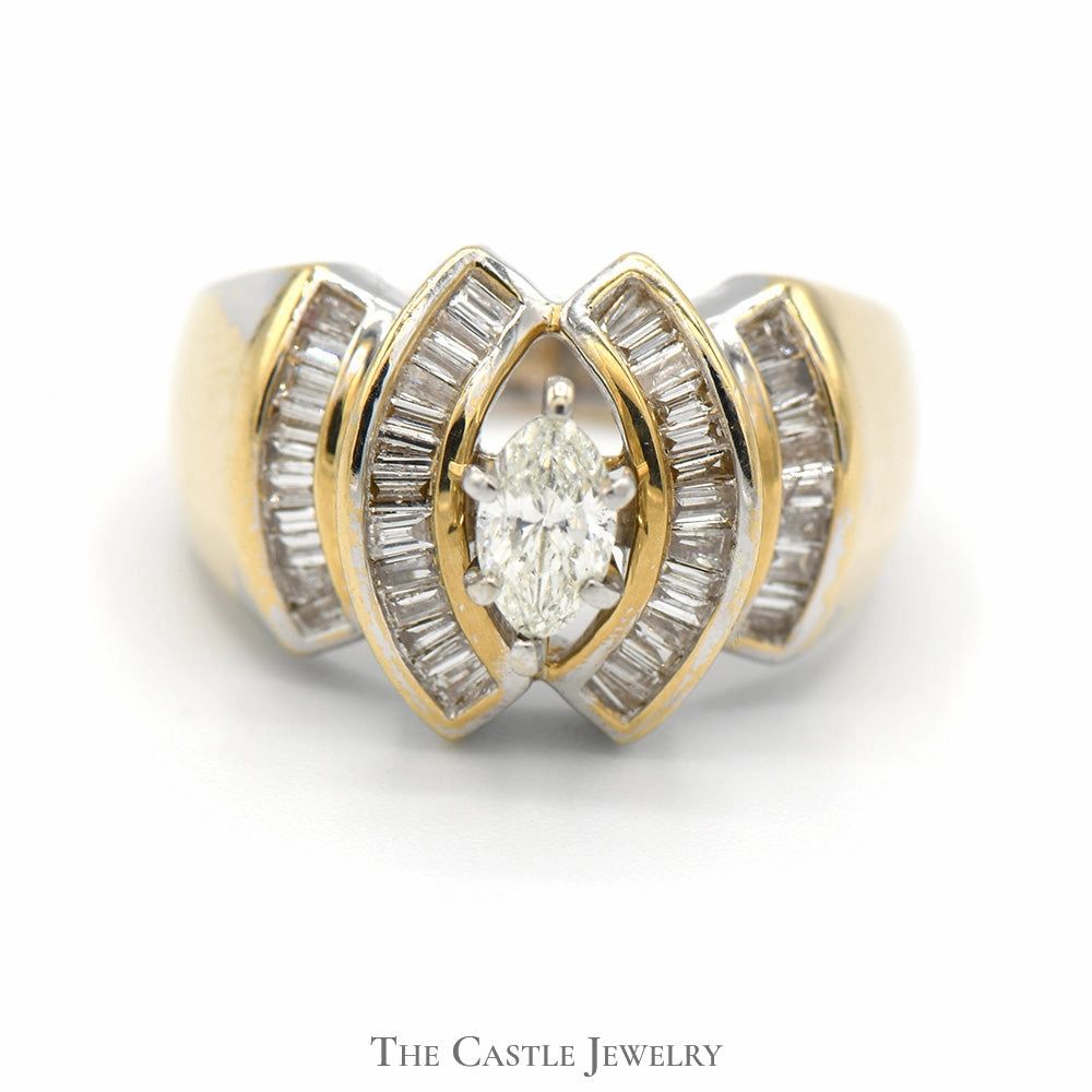 Sleek Look Contemporary Touch Marquise Shaped Diamond Solitaire with Baguette Cut Accents in 14k Yellow Gold
