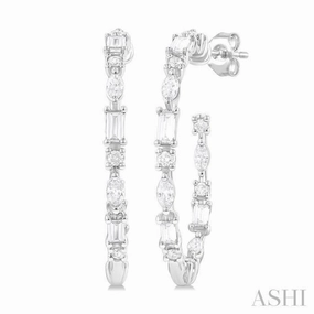 Dusk Mood Shine On 1 1/6 Ctw Inside & Outside Mixed Diamond Cut Fashion Open Hoop Earrings in 14K White Gold